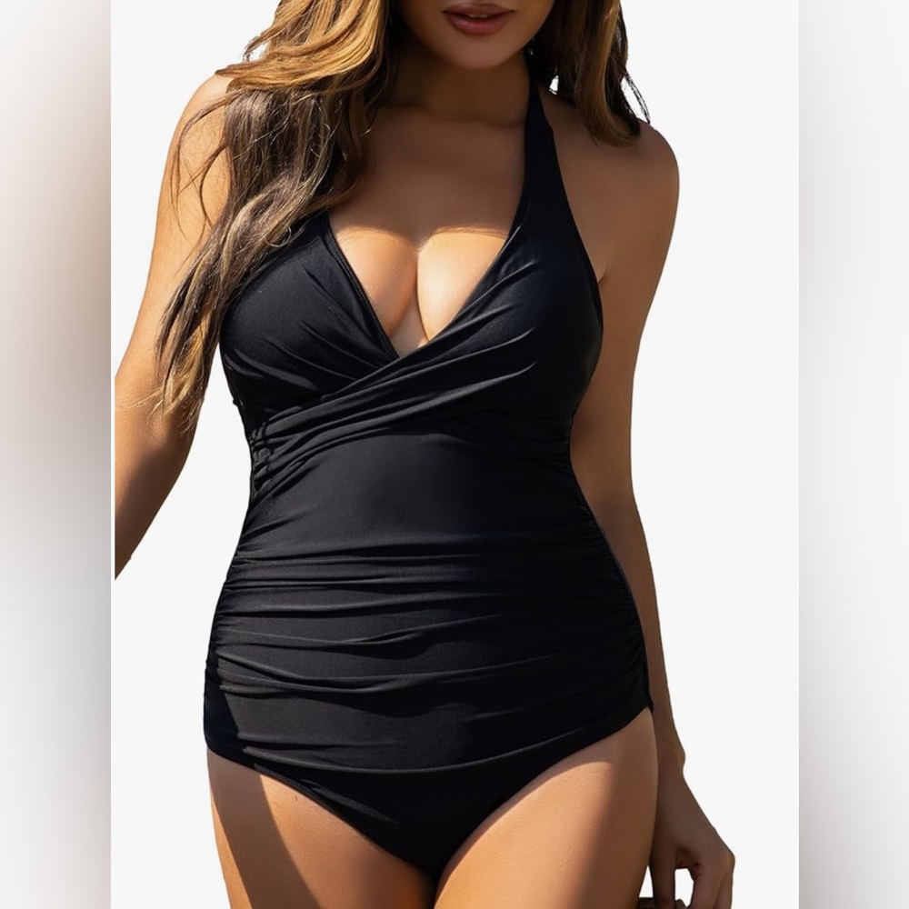 NWT- COCOPEAR .Elegant Black Halter One-Piece  .